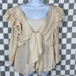Rebecca Minkoff 100% viscose L cream light peach shirt ruffle shoulder tie front